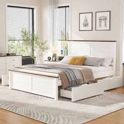 Wooden queen bed frame in beige with headboard, view 2