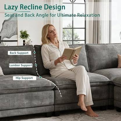 Modern L Shaped Sofa Couches for Living Room, Modular Sectional Cloud Couch with Movable Ottoman, Comfy Chenille Sofa for Apartment and Small Space, Dark Gray