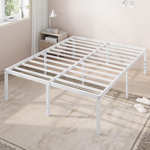 Full Size Bed Frame, 18 Inch Metal Beds with Storage Space, White, view 2