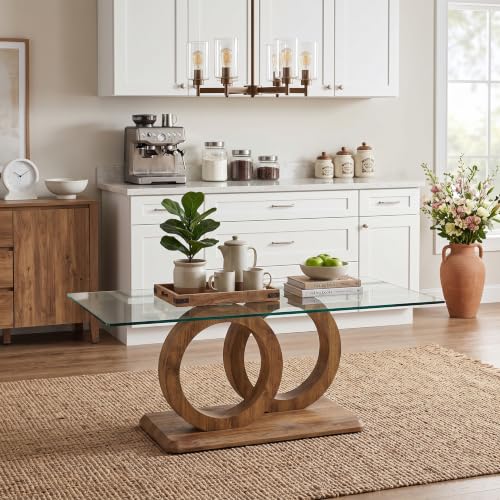 Glass Coffee Table for Living Room, Modern Tempered Glass Tabletop and MDF Legs, Small Modern Coffee Table. (Natural, Style 1)