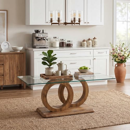 Glass Coffee Table for Living Room, Modern Tempered Glass Tabletop and MDF Legs, Small Modern Coffee Table. (Natural, Style 1)