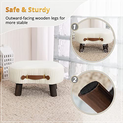 Small Curved Foot Stool with Handle, Beige Velvet Footstool and Ottomans, Modern Foot Rest with Wooden Legs, Step Stool with Padded Seat for Couch, Living Room
