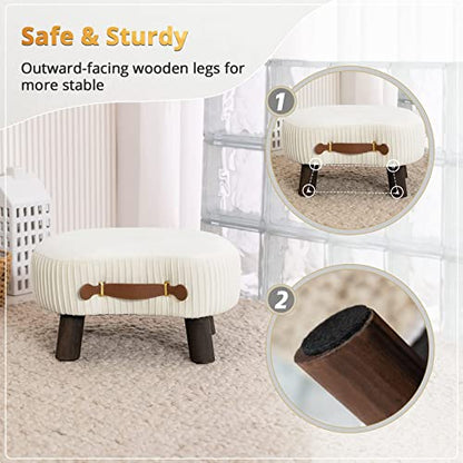 Small Curved Foot Stool with Handle, Beige Velvet Footstool and Ottomans, Modern Foot Rest with Wooden Legs, Step Stool with Padded Seat for Couch, Living Room