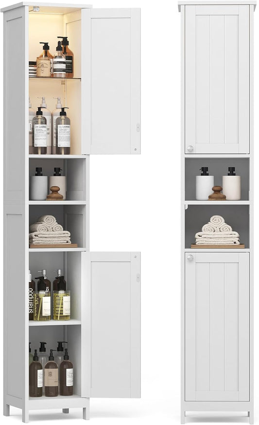 Tall Bathroom Cabinet with Lights, Slim Freestanding Bathroom Storage Cabinet with Adjustable Shelves, for Small Spaces, Modern, 11.8 Inches Wide, Cloud White UBBC566W02