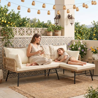 3 Pieces Boho Patio Furniture Set with Comfortable Cushion, Wicker Outdoor Sectional Sofa, L-Shape Lounge Conversation Set for Balcony Porch Backyard Deck, Beige