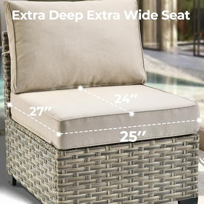 Outdoor Sectional Patio Furniture Set with Fire Pit Table,15 Pieces Wicker Conversation Sets L Shaped Couch,Extra Deep Out Door Sofa Outside Furniture with Swivel Chair Ottoman,Beige