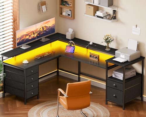 66" Reversible L Shaped Gaming Desk with 6 Drawers & Printer Storage Shelves, Corner Computer Desk with Power Outlets & LED Lights, Home Office Table with Monitor Stand, Black
