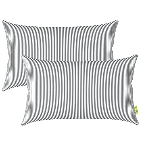 Outdoor/Indoor Lumbar Pillow Covers ONLY Patio Decorative Lumbar Pillow Cases Fade Resistant Cushion Cases for Outdoor Home Patio Furniture, 12” x 20” Pack of 2 - Stripe Grey