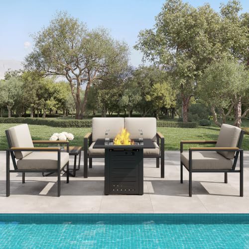 5-Piece Patio Furniture Set with 28” Propane Fire Pit Table, Heavy-Duty Metal Outdoor Conversation Set with Deep Cushions & Wood-Like Armrests for Patio, Porch, Backyard, Garden – Brown