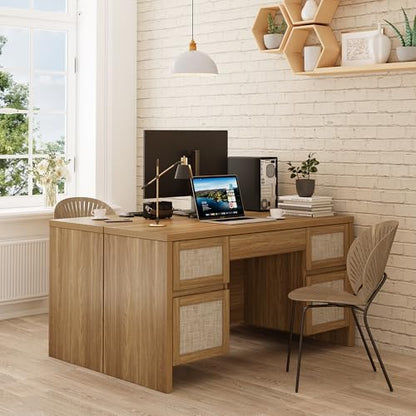 Executive Desk with 5 Drawers, 57" Modern Rattan Home Office Desk with Charging Station, File Drawer, Farmhouse Boho Computer Writing Desk for Study, Work, Walnut Brown