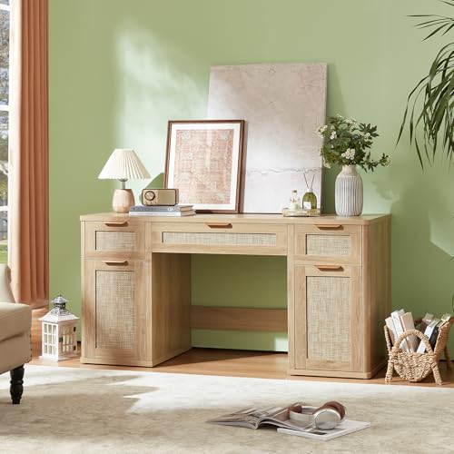 56" Rattan Office Desk with 3 Drawers & 2 File Cabinets, Natural, view 4