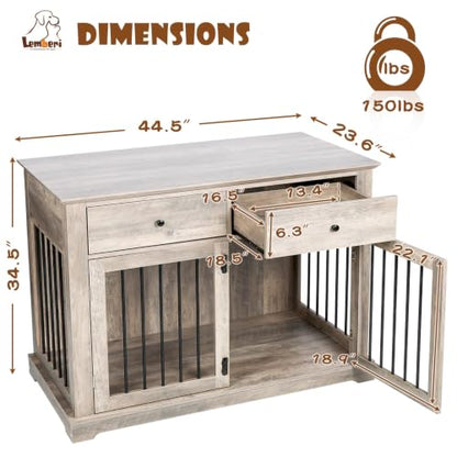 44-inch Wooden Dog Crate with 2 Storage Drawers, End Table, Grey, view 3