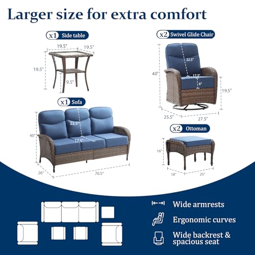 Outdoor Swivel Rocking Chair Patio Set (6-Piece), High-Back - Thick Cushion Swivel Rocking Chair Patio Set, All-Weather Wicker Patio Furniture Set, Suitable for Balcony Patios, Brown/Blue