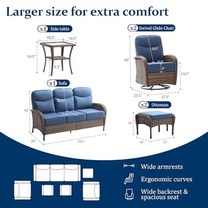 Outdoor Swivel Rocking Chair Patio Set (6-Piece), High-Back - Thick Cushion Swivel Rocking Chair Patio Set, All-Weather Wicker Patio Furniture Set, Suitable for Balcony Patios, Brown/Blue