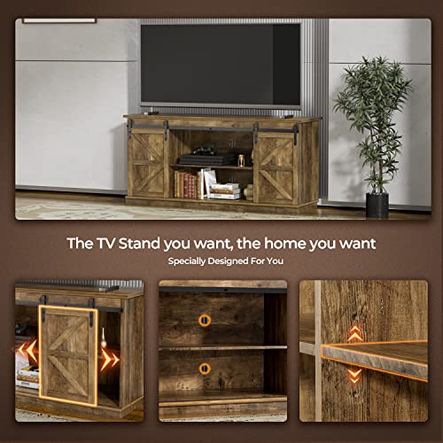ZPK Farmhouse TV Stand for 65 Inch TV, Modern Television Stands Mid Century Media Entertainment Center with Sliding Barn Doors and Storage Cabinets, Console Table for Living Room, Bedroom (Rustic Oak)