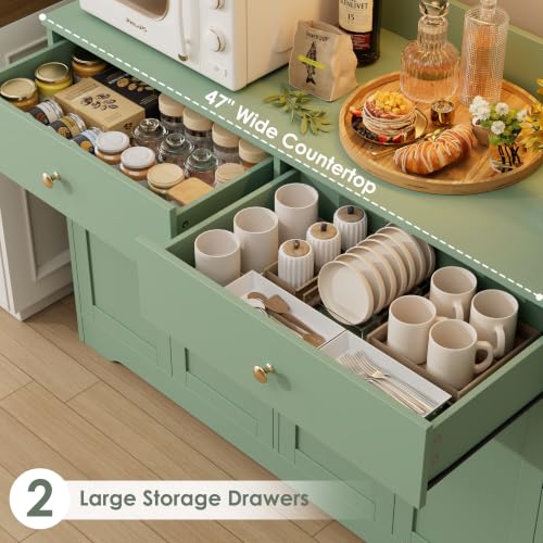 71" LED Kitchen Pantry Cabinet with Power Outlet, Tall Hutch, Green, view 6