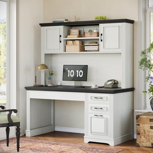 47.2" Farmhouse Computer Desk with Hutch and 3 Drawers, White, view 4