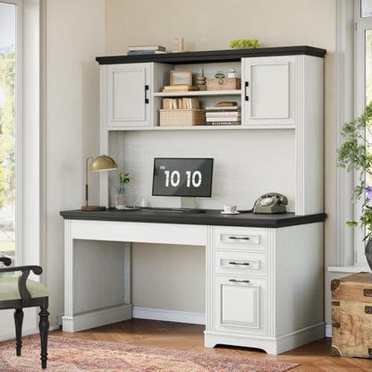 47.2" Farmhouse Computer Desk with Hutch and 3 Drawers, White, view 4