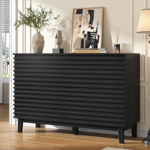 Wood Black 6 Drawer Dresser, Modern Wood Slat Double Dresser for Bedroom, view 5