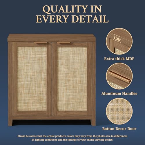 Hampstead Storage Sideboard Cabinet with Rattan Doors and Adjustable Shelves, Buffet Kitchen Cabinet Cupboard Console for Living Room