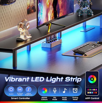 55 inch Gaming Desk, LED & Power Outlets, Monitor Stand, Black, view 7