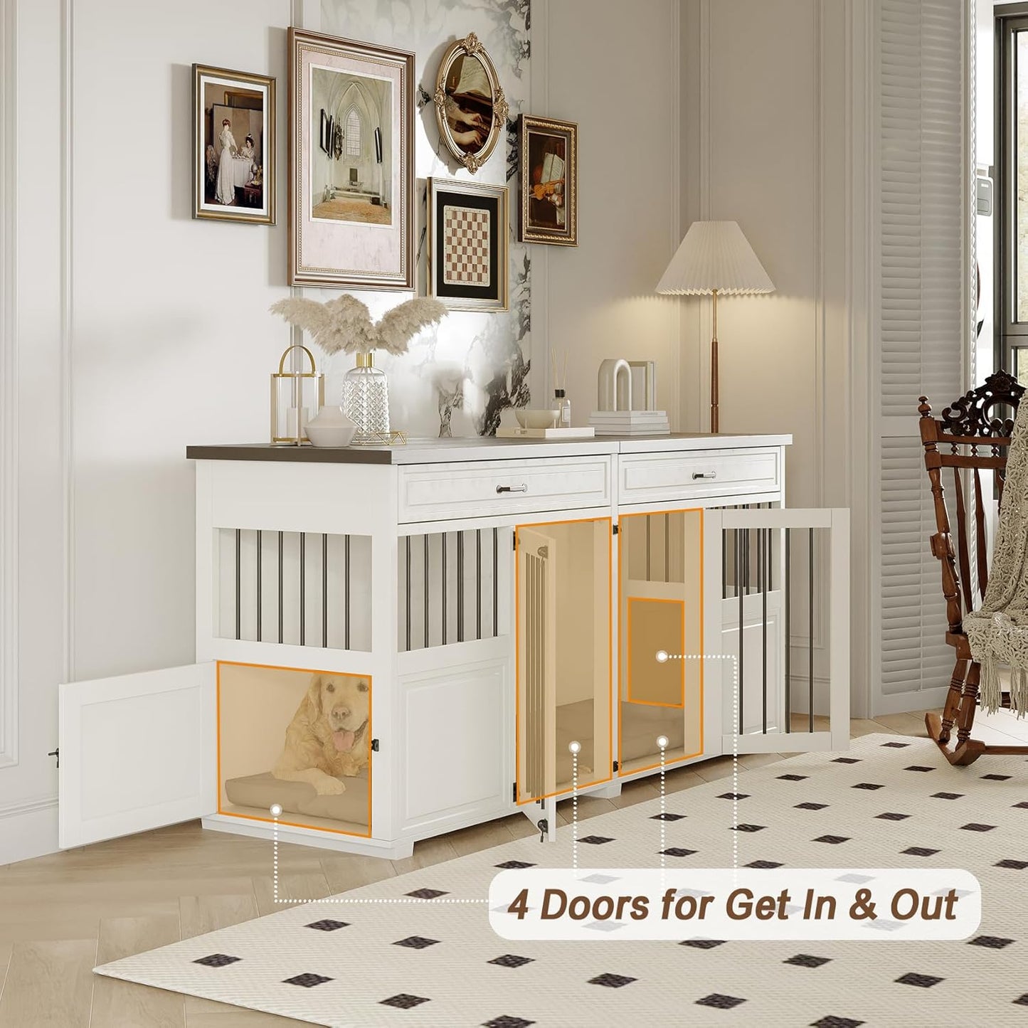 Dog Crate Furniture - Indoor Wood Dog Kennel Furniture 4 Doors with Divider and 2 Drawers - 72" L X 23.6" W X 34.8" H, White