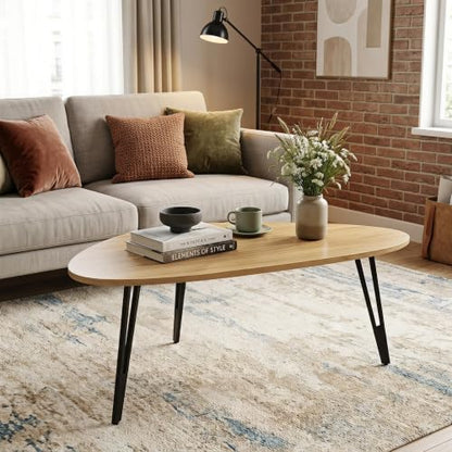 Modern Mid Century Coffee Table, Oval Triangle Wood Center Table with Sturdy Metal Legs, Stylish Living Room Accent Table for Small Spaces