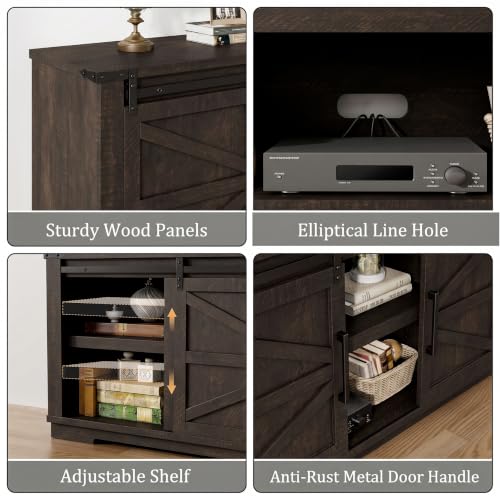 Farmhouse TV Stand, 66'' Wide Media Console with Barn Doors, Brown, view 7