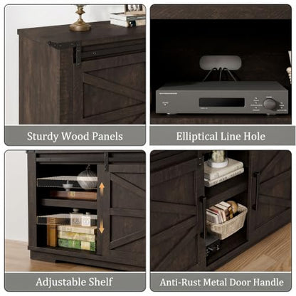 Farmhouse TV Stand, 66'' Wide Media Console with Barn Doors, Brown, view 7
