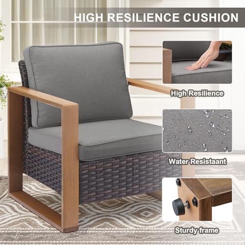 5 Piece Outdoor Wicker Patio Conversation Furniture Set Deep Seating, Metal Wide Armrests Patio Sofa Set with Rattan Chairs Ottomans for Porch Deck Sunroom Backyard