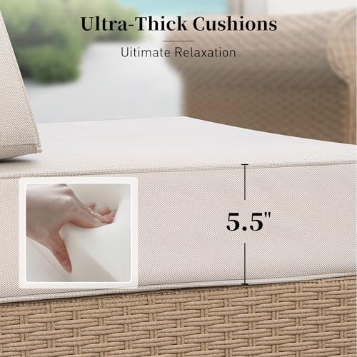 Patio Furniture Set 6 Piece, Wicker Rattan Sectional Sofa Couch with 5.5" Thick Waterproof Cushion and Coffee Table, L Shape All Weather Outdoor Conversation Set for Lawn Backyard Deck, Beige