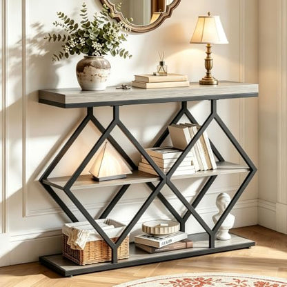 3 Tier Console Table with Open Wood Shelves,39" Industrial Entryway Table,Sofa Table,Narrow Wood Accent Tables with Metal Frame for Hallway,Living Room,Behind Couch,Foyer,Entrance,Gray