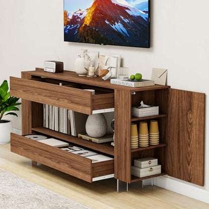 65" TV Stand with 2 Drawers & Hidden Cabinets, Brown Wood Grain Finish, view 6