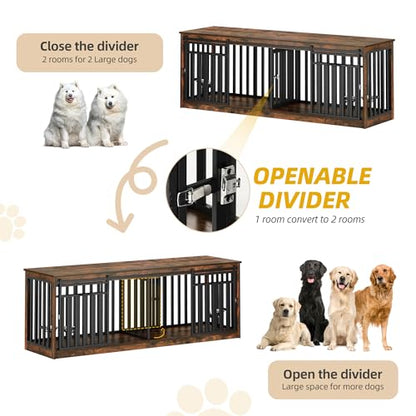 86.6" Double Dog Crate Furniture with 4 Dog Bowls, view 3