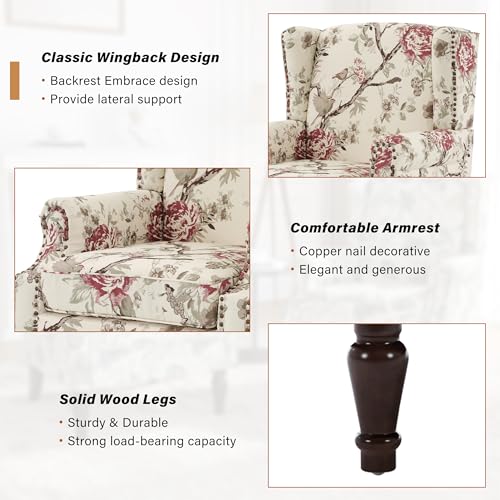 Floral Wingback Accent Chair, High Back Upholstered Armchair, Comfy Fabric Wingback Arms Chairs with Solid Wood Legs, Single Sofa Reading Chair for Bedroom Living Room, Beige