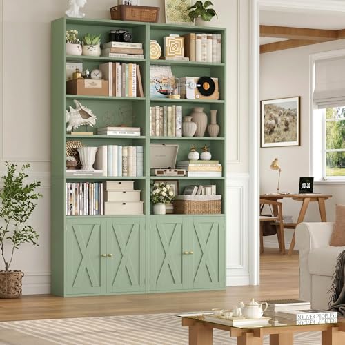 82" Tall Bookcase, Farmhouse Bookshelf with Doors, Green, view 4