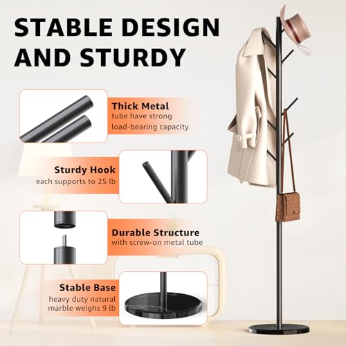 Coat Rack with Natural Marble Base, 3 Adjustable Height Coat Tree, view 6