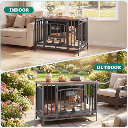 41.3" Foldable Dog Crate Furniture with 360° Swivel Feeding Bowls, view 7