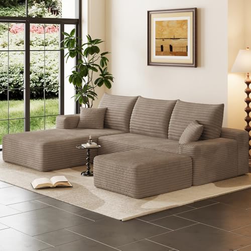 95" Cloud Sectional Couch with Ottoman,Modern U-Shaped Cloud Couch with Deep Seat,Comfy Corduroy 3-Seater Sofa,Memory Foam Sofa for Living Room,No Assembly (Camel,Left-Facing Chaise)