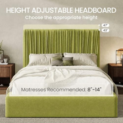 Queen Size Artisanal Pleated Velvet Bed Frame with Adjustable Headboard, view 6