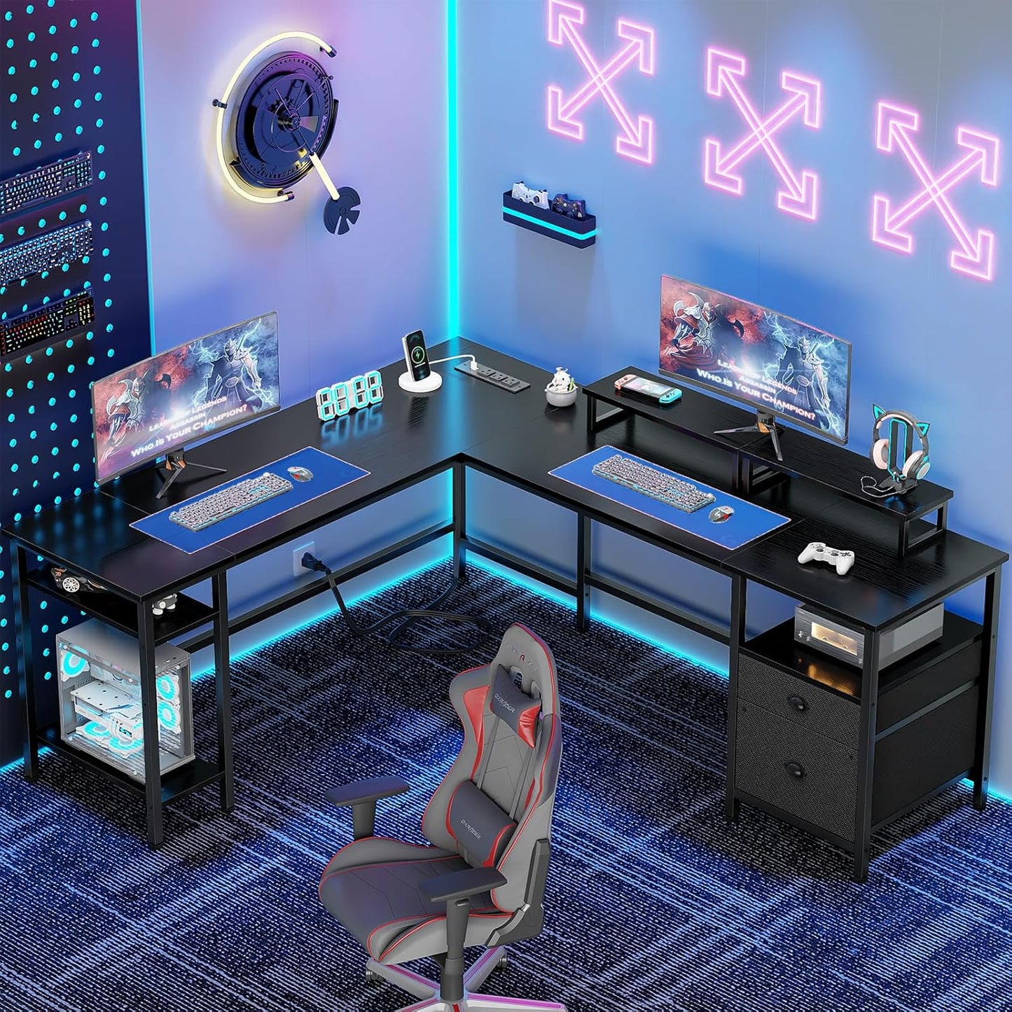 66” L Shaped Desk with Power Outlet, Reversible Computer Gaming Desk with File Drawer & 2 Monitor Stands for Home Office with Storage Shelves, Black