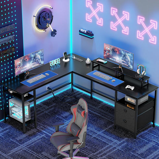 66” L Shaped Desk with Power Outlet, Reversible Computer Gaming Desk with File Drawer & 2 Monitor Stands for Home Office with Storage Shelves, Black