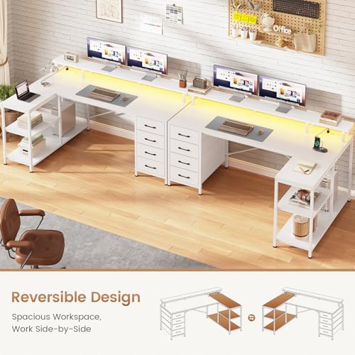 L Shaped Gaming Desk with 4 Drawers, Shelves, Power Outlets, White, view 4