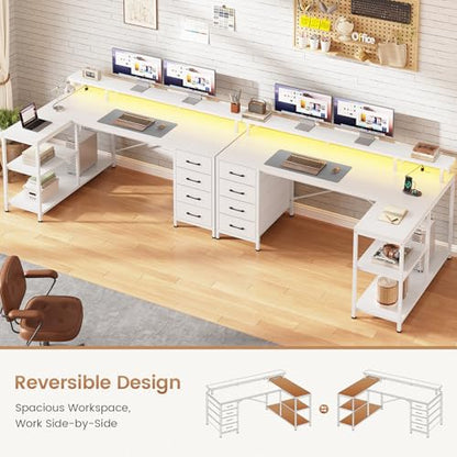 L Shaped Gaming Desk with 4 Drawers, Shelves, Power Outlets, White, view 4