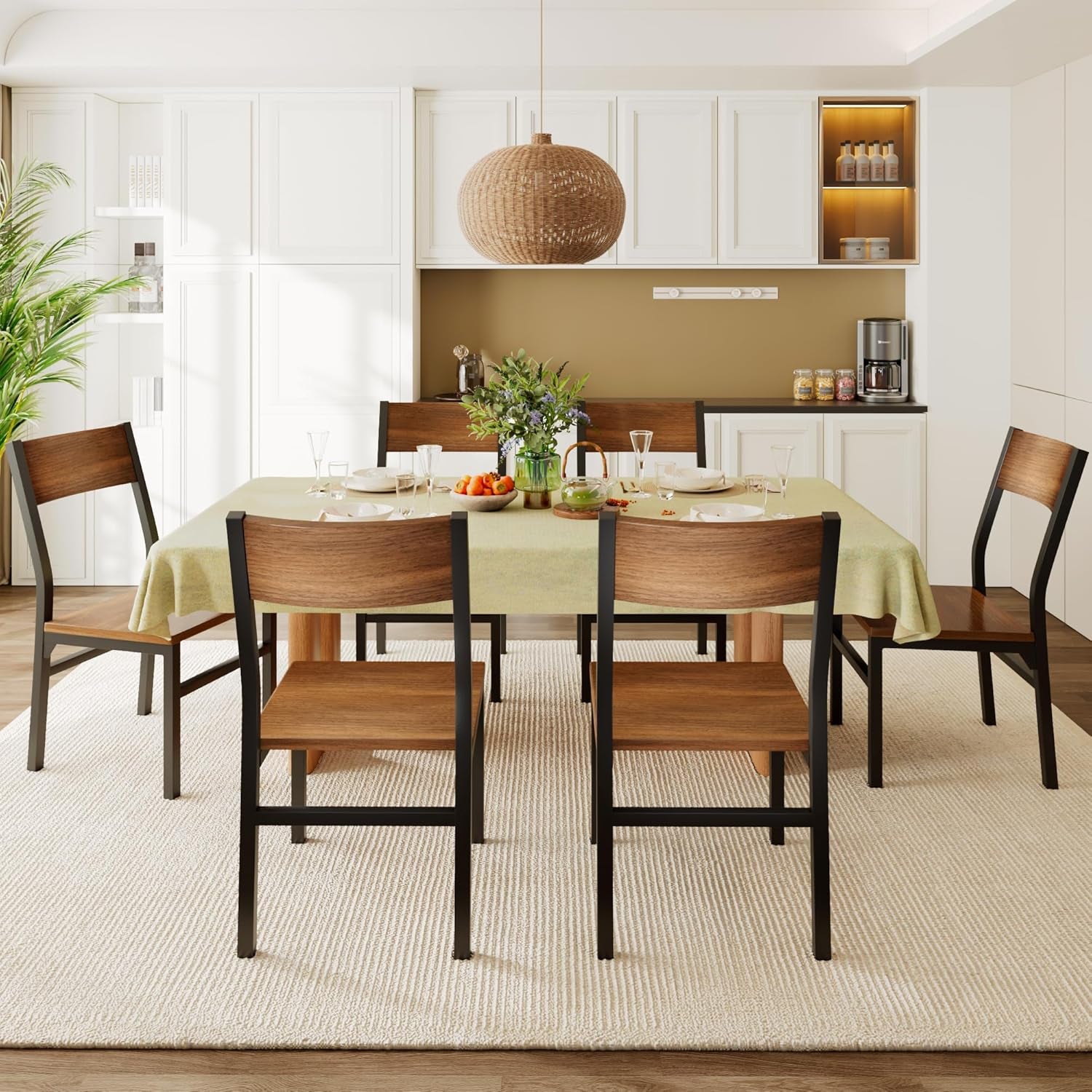 Dining Chairs Set of 6, Modern Kitchen Chairs with Ergonomic Backrest, MDF Board and Metal Legs, Dinner Chairs for Dining Room, Kitchen and Living Room, Walnut