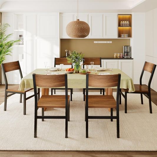 Dining Chairs Set of 6, Modern Kitchen Chairs with Ergonomic Backrest, MDF Board and Metal Legs, Dinner Chairs for Dining Room, Kitchen and Living Room, Walnut