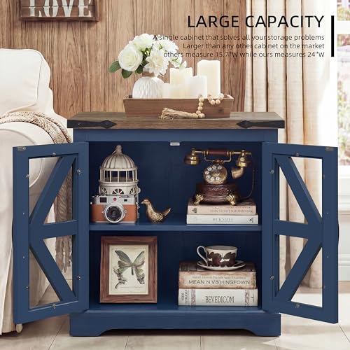 Farmhouse End Table, 24" Large End Tables with Storage, Rustic Square Sofa Beside Table with Glass Barn Door, Wood Side Table Square Nightstand for Living Room, Bedroom, Office (Misty Blue)