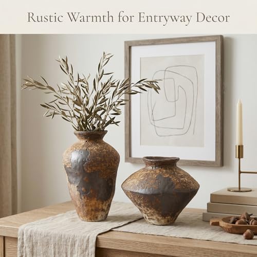 Small Stone Vase for Rustic Home Decor, Farmhouse Antique Pottery Vase Furniture&Table Flower Decorative, Round Terracotta Vases for Living Room Decor, Modern Rustic Concrete Clay Art Vases