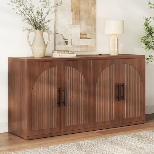 63" Fluted Buffet Cabinet, Walnut Credenza with Adjustable Shelf, view 2