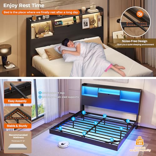 King Floating Bed Frame with LED Lights and Storage Headboard, view 6